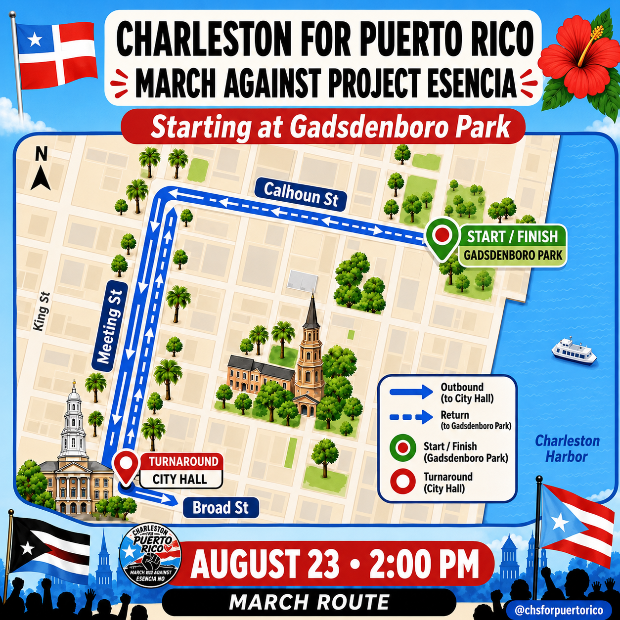 Map of the August 23 Charleston for Puerto Rico route from Gadsdenboro Park to Charleston City Hall and back.