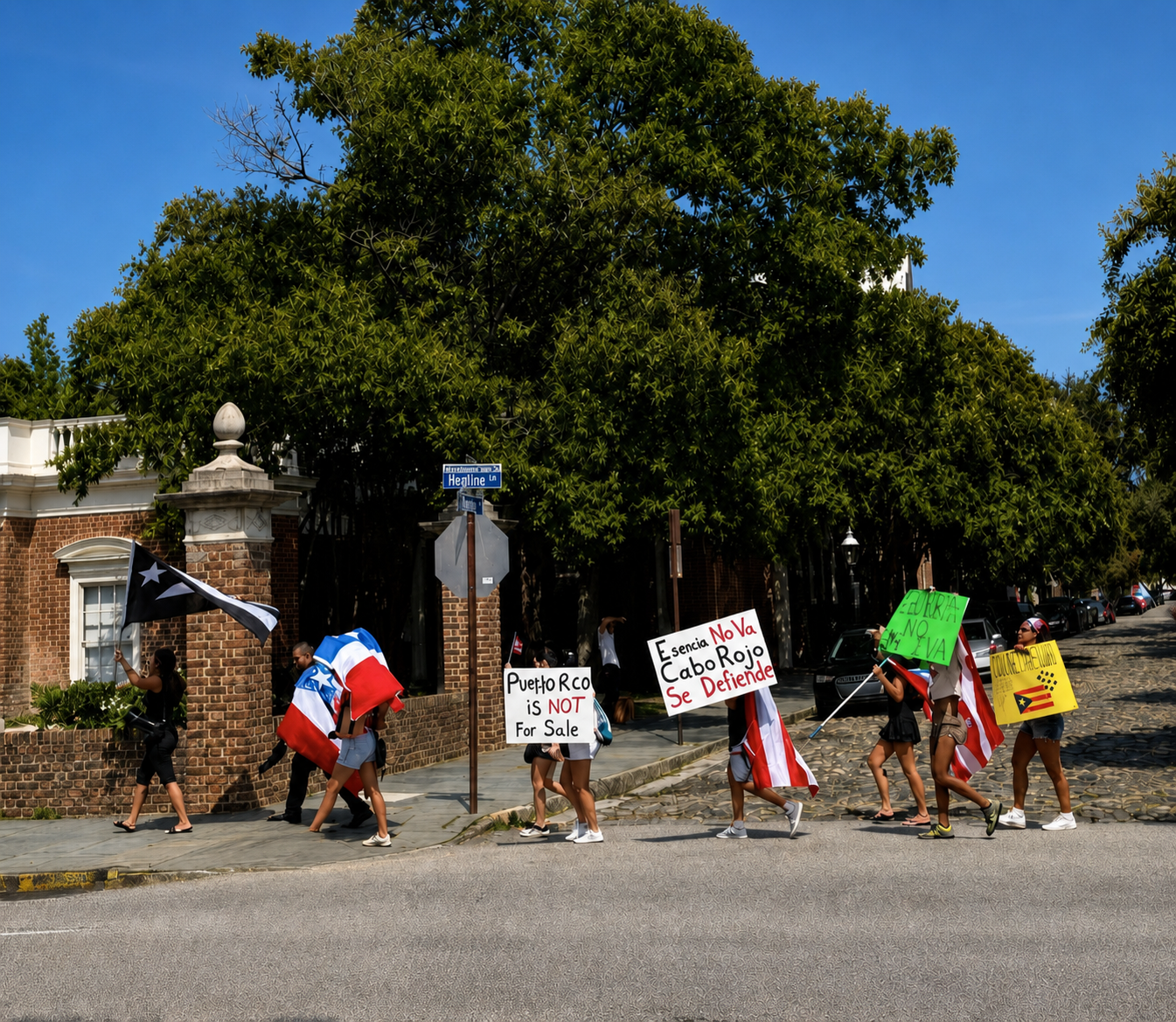 Marchers carrying Puerto Rican flags and hand-painted signs through Charleston.