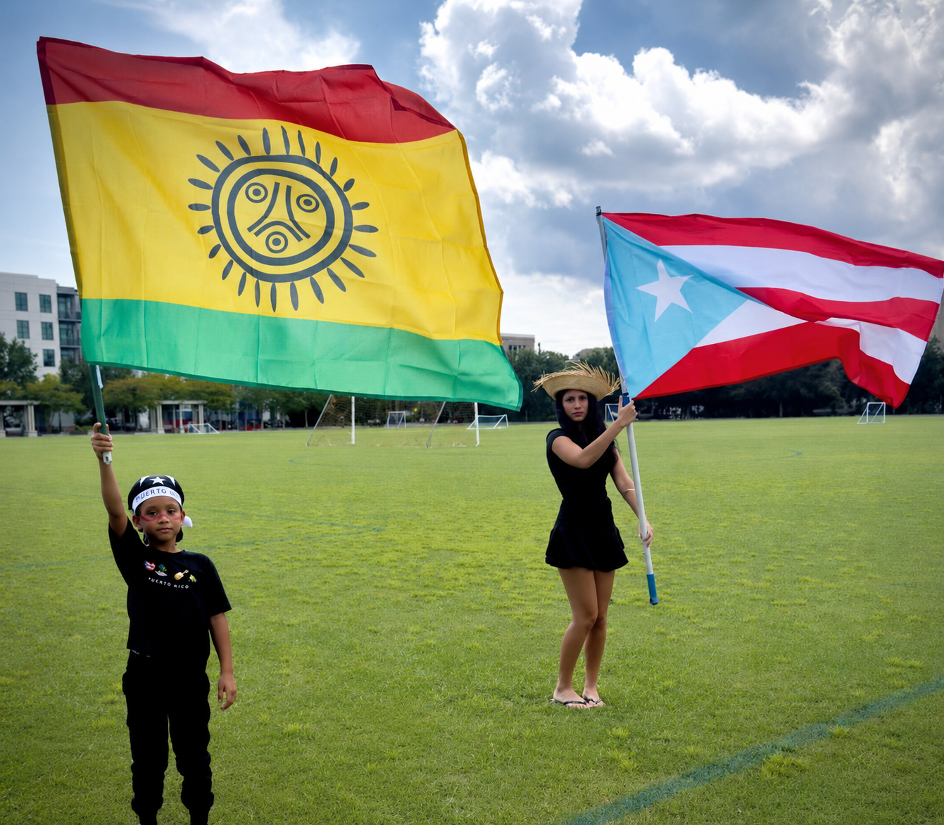 Child and adult holding colorful Puerto Rican flags on a grassy field.
